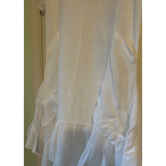 TEMPO PARIS Off White 100% Linen Artsy Dress Rauched Skirt Asymetrical Hem SZ M - Picture 15 of 16